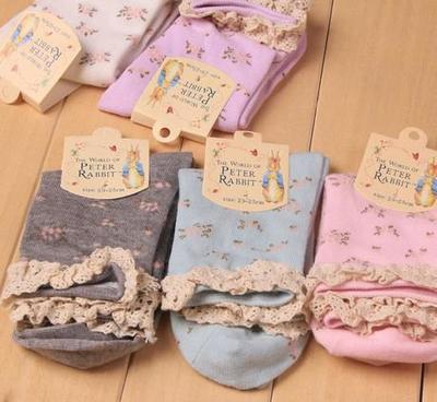 滿(mǎn)包郵新款襪子 花邊碎花彼得兔精梳棉中筒女襪子 5色